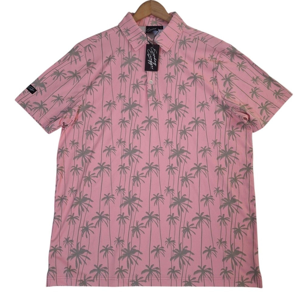 Sunday Swagger Golf Polo Shirt Mens Large Pink Palm Tree Performance Stretch NWT